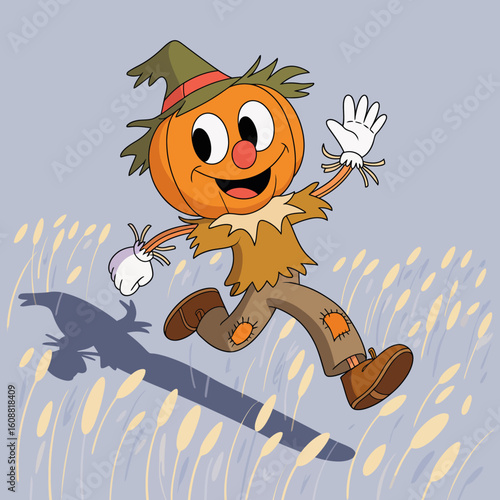 A whimsical cartoon character, a cheerful scarecrow with a pumpkin head, joyfully frolicking through a field of wheat, embodying the spirit of autumn and harvest.