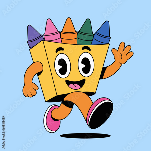 A joyful crayon character with a vibrant box design is running merrily, showcasing a playful and colorful personality that evokes fun and creativity.
