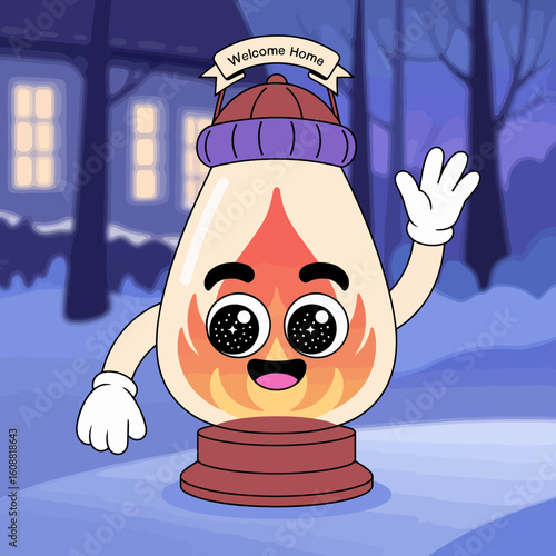 This charming illustration features a friendly lantern waving and welcoming people home symbolizes warmth, comfort, and the joy of coming back to a cozy environment.