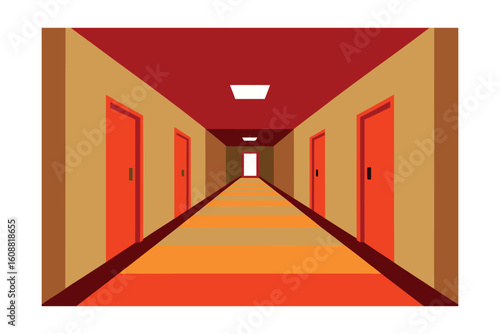 Long Hallway Tan Walls Red Tiles Wooden Doors