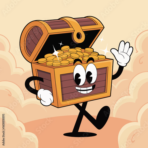 This illustration showcases a charming treasure chest filled with gleaming gold coins, embodying wealth and adventure in a whimsical, cartoonish style.