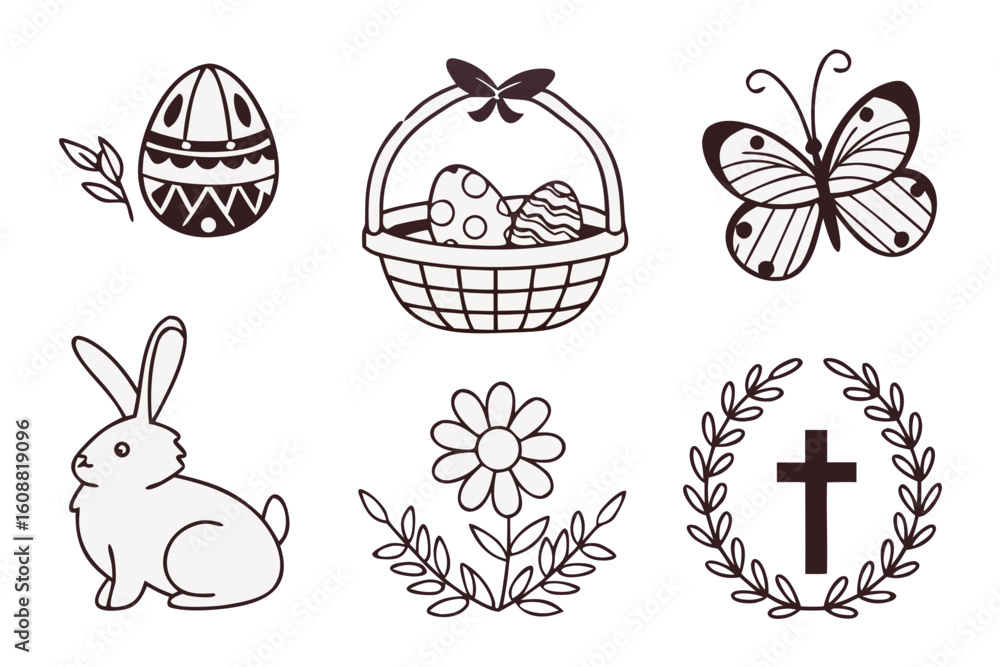 Fototapeta premium A classic easter collection featuring a bunny, basket of eggs, butterfly, flower, and cross isolated on white background