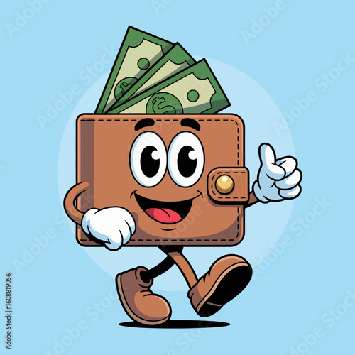 A joyful cartoon wallet character full of cash, symbolizing wealth, savings, and the joy of financial freedom, standing against a bright background.