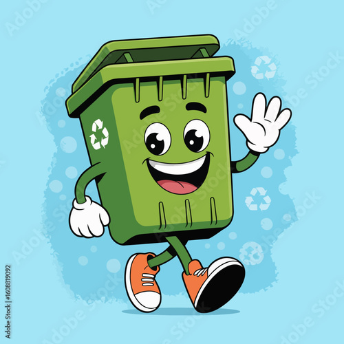 A friendly recycling bin character happily waving hello, representing eco-friendliness and sustainability, perfect for promoting environmental awareness in a fun and engaging way.