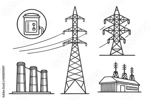 A collection of line drawings depicts various electricity pylons, power plants, and transformers isolated on white background