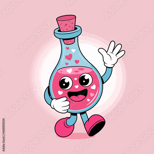 This animated love potion bottle character waves cheerfully, featuring a vibrant pink liquid, hearts, and a playful design perfect for conveying joy and affection.