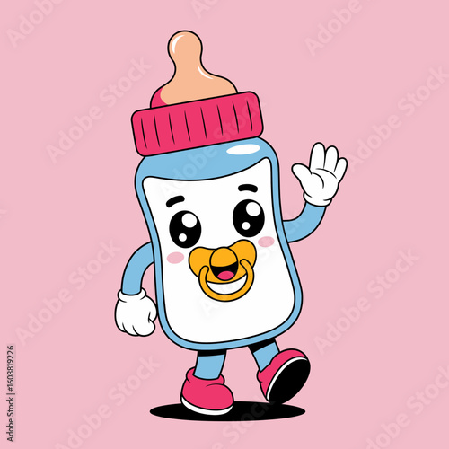 A playful and adorable baby bottle character with a cheerful face, colorful design, and friendly waving gesture, perfect to depict childhood and innocence.