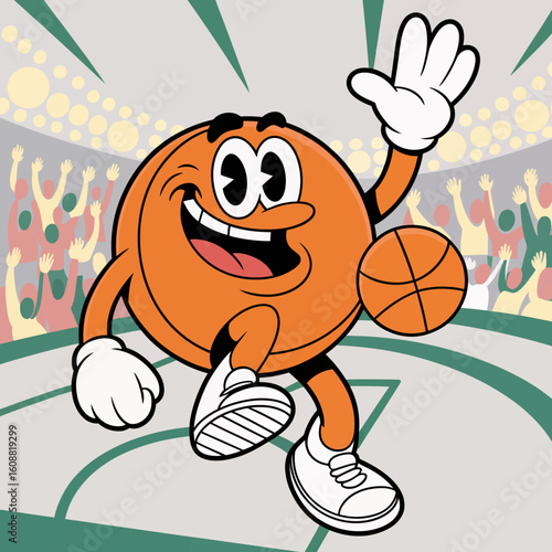 This lively image shows a cheerful basketball character waving to an audience, embodying the joy of sportsmanship and excitement in a dynamic stadium environment.