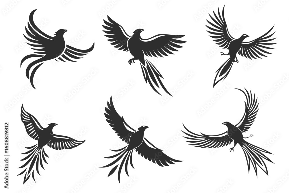 A set of dynamic phoenix bird silhouettes soaring through the air, isolated on white background A set of dynamic phoenix bird silhouettes soaring through the air, isolated on white background