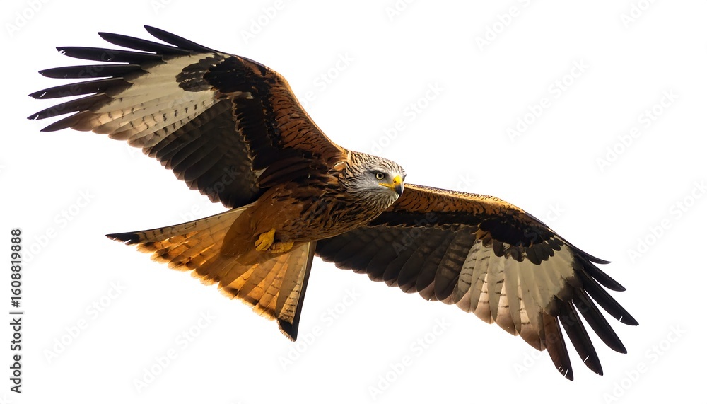 Obraz premium Reddish-brown raptor in flight, wings spread wide against a white background