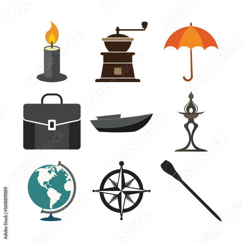 Candle coffee grinder umbrella briefcase boat lamp globe compass oar flame orange umbrella