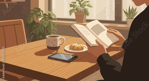 Illustration of Reading a Book in a Cozy Coffee Shop with Smartphone Set Aside