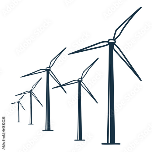 Row of windmills generating clean, renewable energy isolated on white background