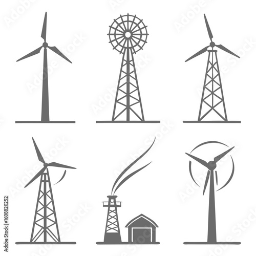 A collection of wind turbine and industrial icons, illustrating the contrast between renewable and traditional energy sources