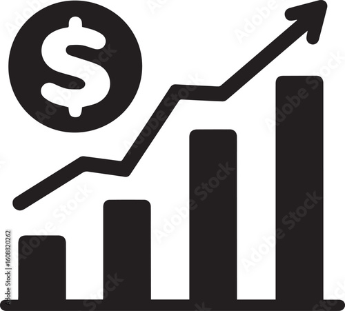 Revenue Icon – Black and White Minimalist Dollar and Bar Graph Vector Illustration