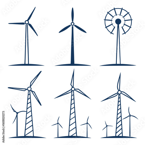 Illustration of various windmills isolated on white background, representing clean energy and sustainable technology