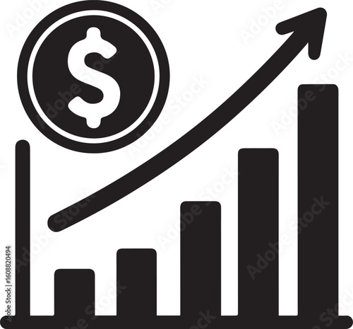 Revenue Icon – Black and White Minimalist Dollar and Bar Graph Vector Illustration