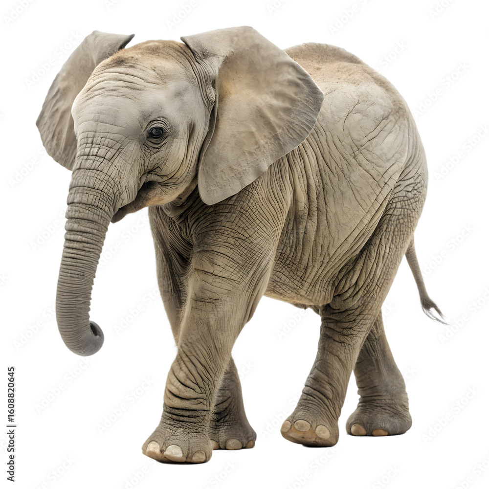 Fototapeta premium Majestic young African elephant walking on a transparent background