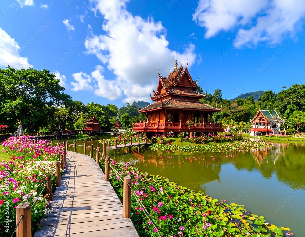 Fototapeta premium Wooden walkway leads to a Thai-style pavilion over a tranquil pond. Lush gardens and vibrant flowers surround the scene. Clear blue sky above