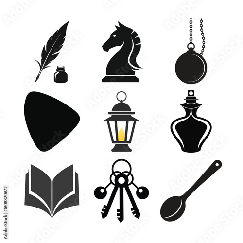Quill inkwell chess knight pocket watch lantern perfume bottle open book keys spoon vector