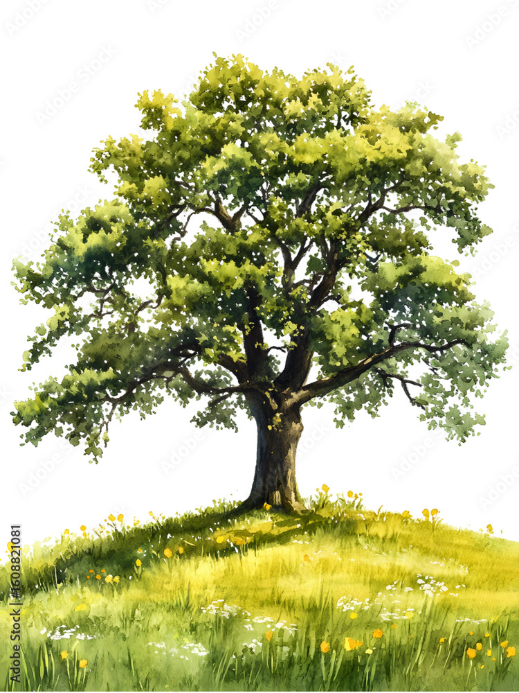 Fototapeta premium Lush green tree on a grassy hill.