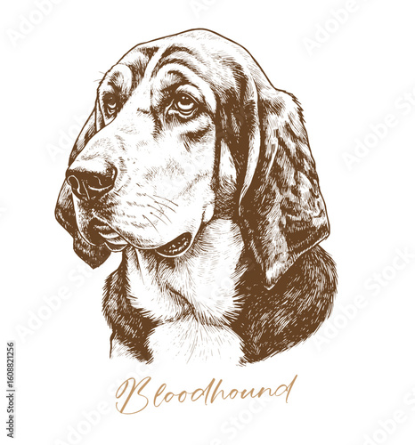 Dog head engraving illustration. Bloodhound Dog vector illustration