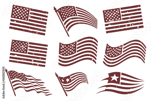 Collection of distressed american flags and a star isolated on white background