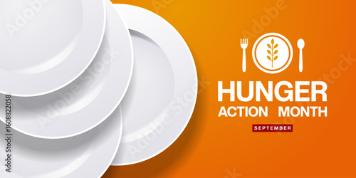 September is Hunger Action Month. Plates. Great for posters, banners and social media. Orange background.