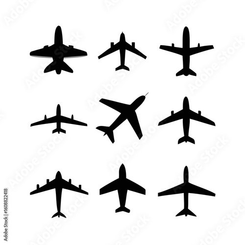 A diverse collection of airplane silhouettes showcasing various aircraft designs and flight orientations, isolated on white background