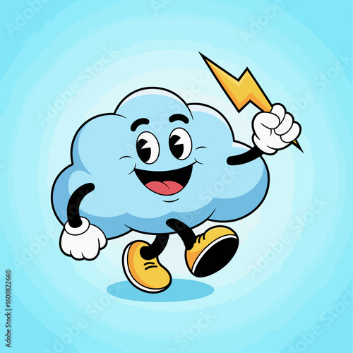 This cheerful cloud character joyfully brandishes a lightning bolt, showcasing a playful spirit that resonates with children and adults, perfect for weather-related themes.