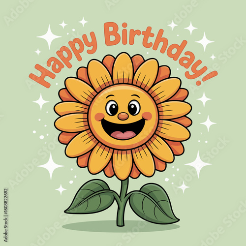 A cheerful cartoon sunflower with a happy face, surrounded by sparkles, announces a birthday celebration, radiating positivity, warmth, and delightful joy in a festive setting.