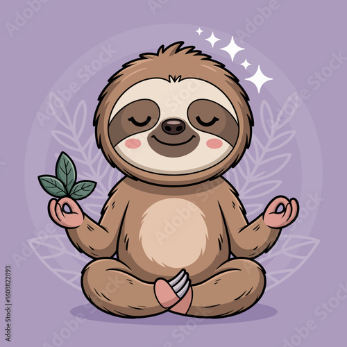 A blissful sloth character sits cross-legged while holding a green leaf, emanating a sense of calm and zen, brilliantly portrayed against a soothing purple backdrop filled with decorative elements.