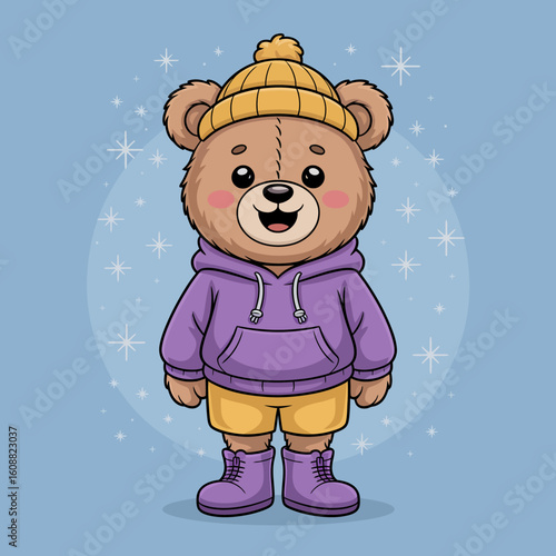 This stylized image of a cute bear wearing a hoodie and yellow beanie captures the essence of childhood warmth, joy, and innocence all wrapped up in a bright, colorful design.