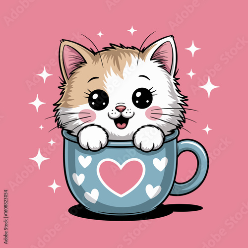 This delightful artwork showcases a fluffy kitten peering out of a heart-patterned mug, radiating warmth, happiness, and cuteness in a vivid and engaging design.