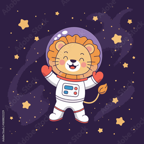 A charming astronaut lion with a joyful expression is happily surrounded by stars, symbolizing adventure and the boundless joy of exploration in the cosmos.