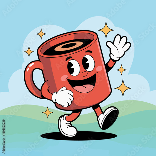 This happy cup character personifies playfulness with its charming smile and energetic pose, capturing a lively and friendly essence suitable for various cheerful themes.