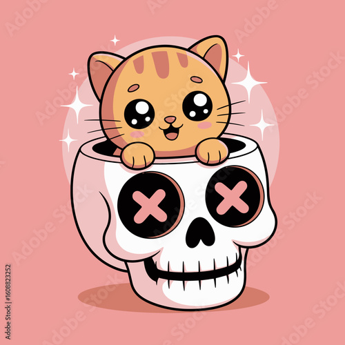 An orange cat happily pops out from the top of a skull, creating a fun and quirky visual that blends elements of cuteness with rock 'n' roll aesthetics in a charming way.