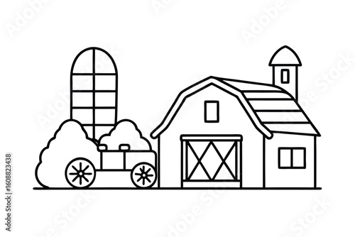 Cartoon Farmyard With A Barn Silo And Tractor In Grass