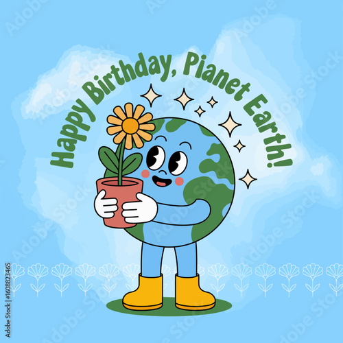 A cheerful Earth character hugs a flower pot, celebrating its birthday with vibrant colors, reflecting our relationship with nature and the importance of environmental care and joy.