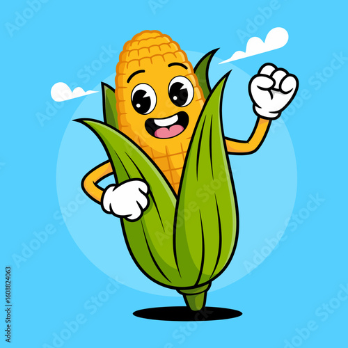 A cheerful cartoon corn character waves happily, representing positivity and enthusiasm, making the image perfect for promoting healthy eating and active living.