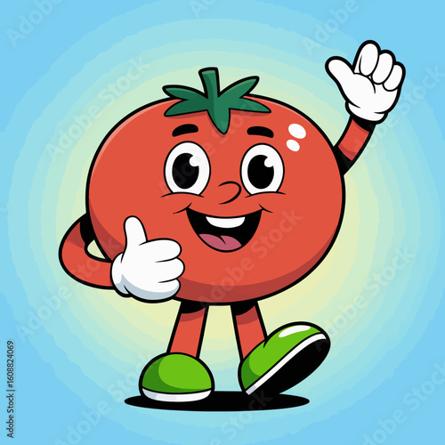 An energetic tomato character enthusiastically giving a thumbs-up promotes a fun perspective on healthy eating, encouraging everyone to embrace nutritious and tasty foods happily.