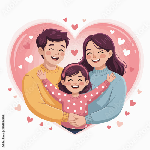 A cheerful family of three sharing a loving moment together, with the parents hugging their daughter, creating a warm and inviting atmosphere centered around happiness and togetherness.