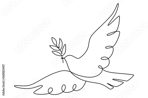 Peace dove with olive branch in One continuous line drawing. Bird and twig symbol of peace and freedom. Vector illustration eps 10