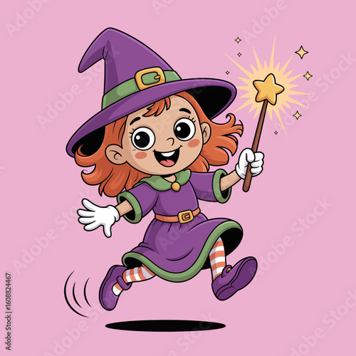 This charming illustration features a joyful young witch with a wand, wearing a vibrant purple outfit, showcasing her magical abilities and playful nature.