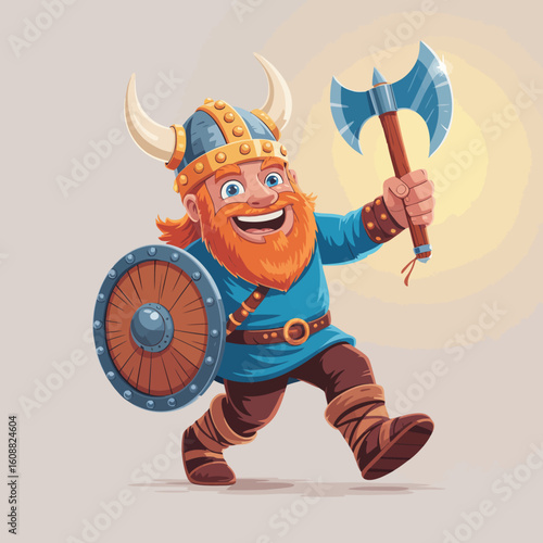 A cheerful Viking warrior, brandishing an axe and shield, portrays a sense of joy and adventure, reflecting the traditional imagery of bravery and exploration.