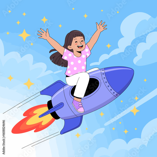 A delighted girl with a joyful expression riding a rocket, representing childhood exhilaration and the thrill of adventure, capturing vibrant joy in an imaginative setting.