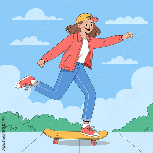 A cheerful young girl is skateboarding, expressing joy and freedom in a vibrant environment under a clear blue sky filled with fluffy clouds, capturing the essence of fun.