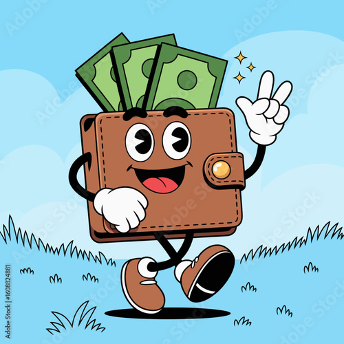 A cute cartoon wallet character showcasing dollar bills, radiating positivity and the happiness that comes with financial opportunities in a vibrant setting.