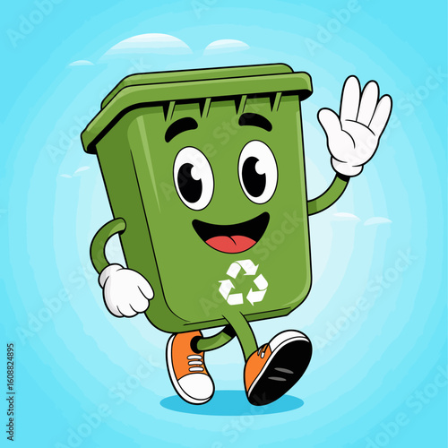 A cheerful recycling bin character waving and encouraging recycling practices, embodying the spirit of environmental responsibility in a joyful and approachable manner for all ages.