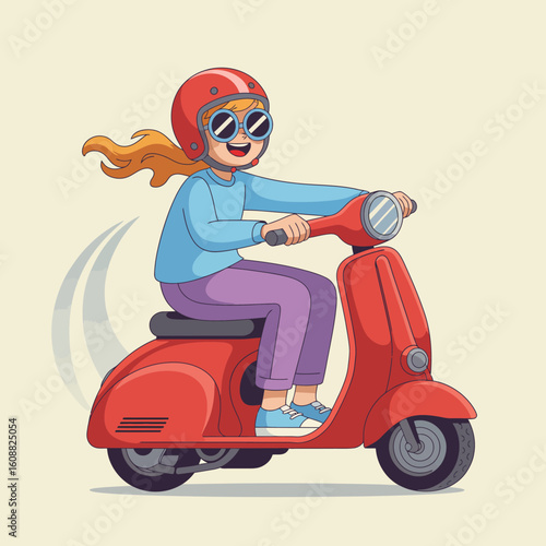 This lively illustration shows a girl riding a red scooter energetically with a happy expression, reflecting a sense of joy, freedom, and the thrill of adventures on wheels.